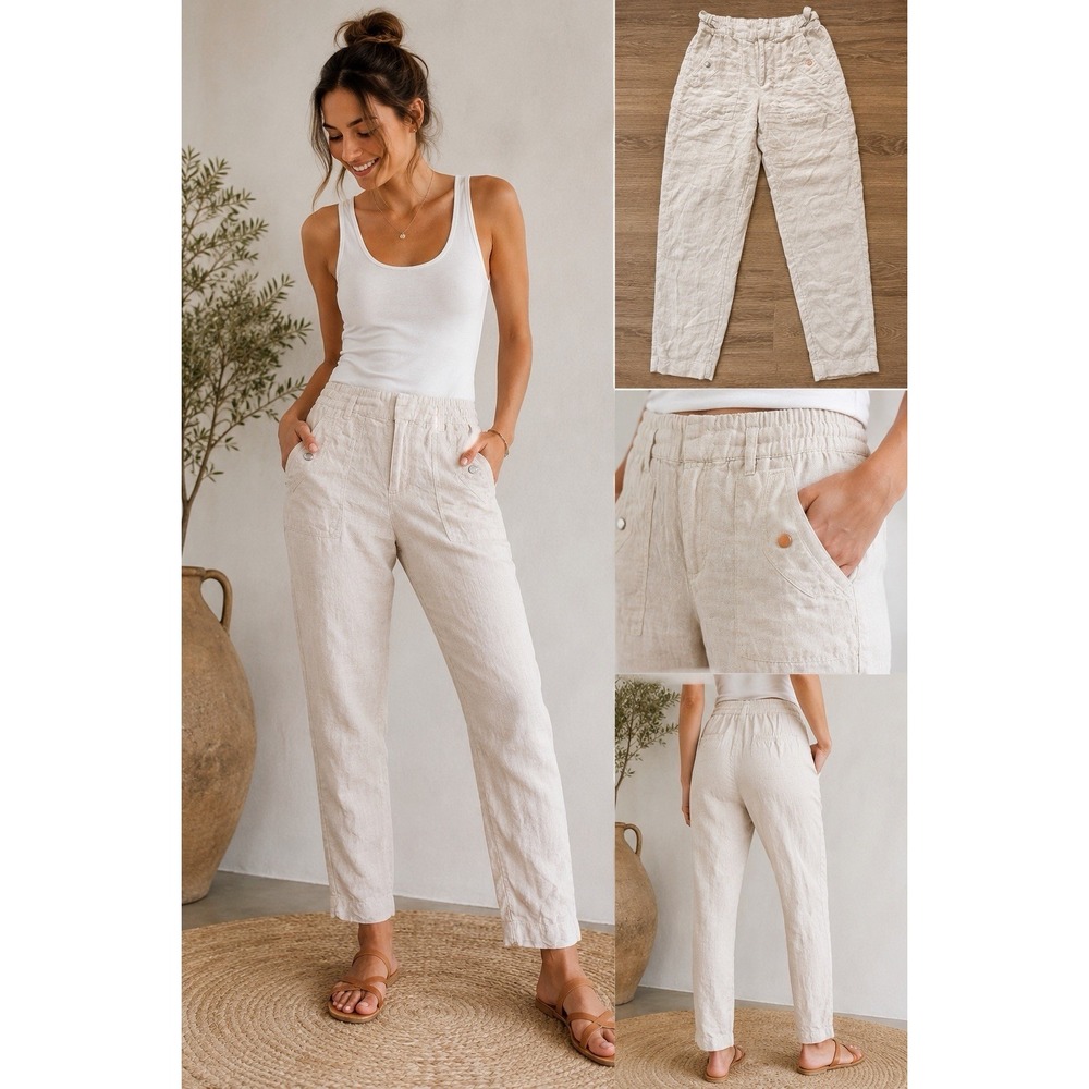 Athleta Women's 6T 100% Linen Pants Beige Pull On Relaxed Casual Coastal Minimal - Picture 1 of 10